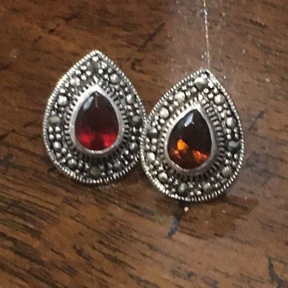 Faceted Garnet Marcasite Sterling Silver Teardrop Earrings - Picture 5 of 6